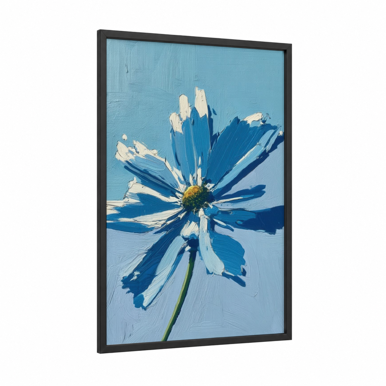 Azure Daisy framed abstract flower print — black wood frame — blue and white and gold palette