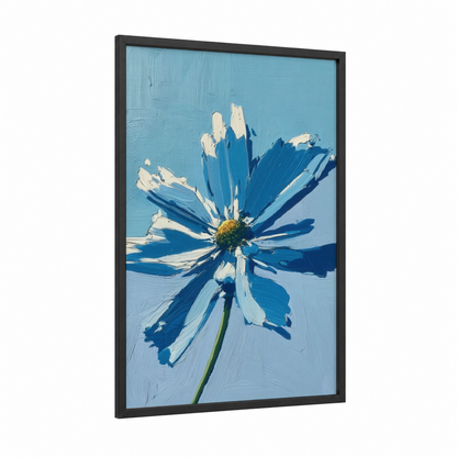 Azure Daisy framed abstract flower print — black wood frame — blue and white and gold palette