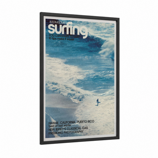 Surfing Dreams framed art print — black wood frame — blue and white and cream palette