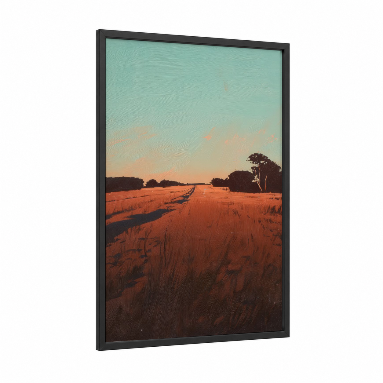 Golden Harvest Field framed various landscapes print — black wood frame — orange and turquoise palette