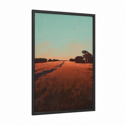 Golden Harvest Field framed various landscapes print — black wood frame — orange and turquoise palette