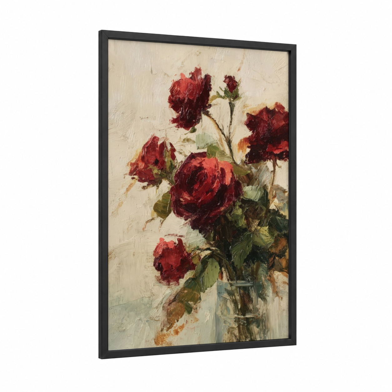 Crimson Roses Arrangement framed art print — black wood frame — red and cream palette