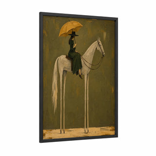 Surreal Horse Rider With Umbrella Wall Art framed art print — black wood frame — olive and gold palette