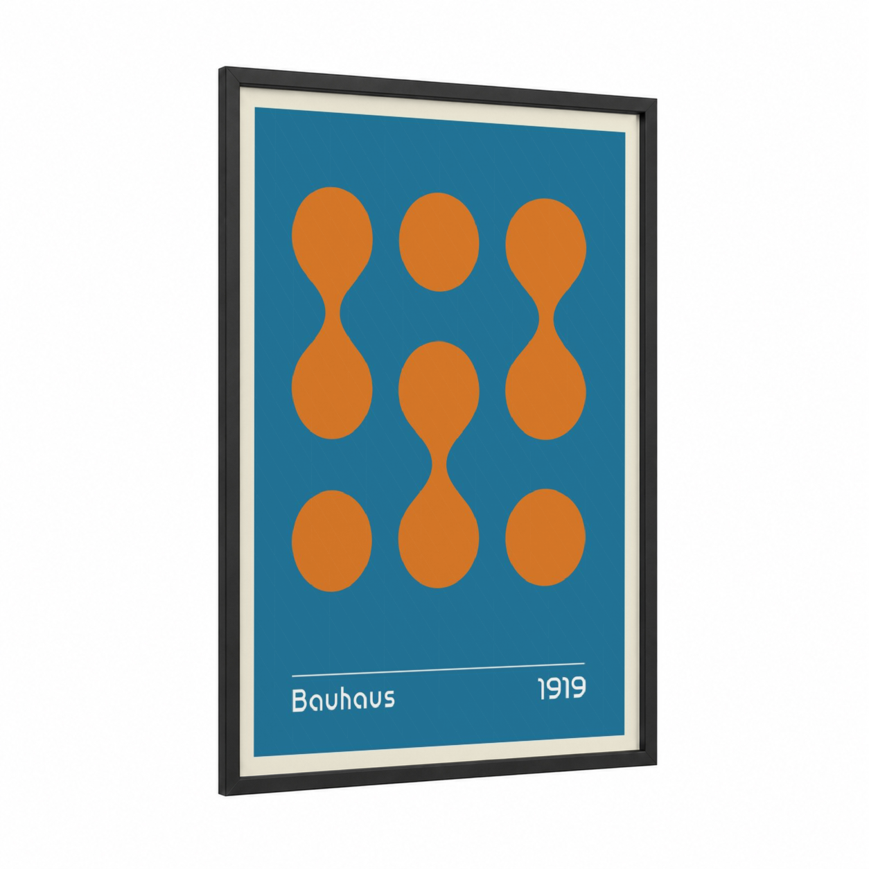 Bauhaus Circles framed abstract geometric print — black wood frame — teal and orange palette