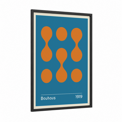 Bauhaus Circles framed abstract geometric print — black wood frame — teal and orange palette