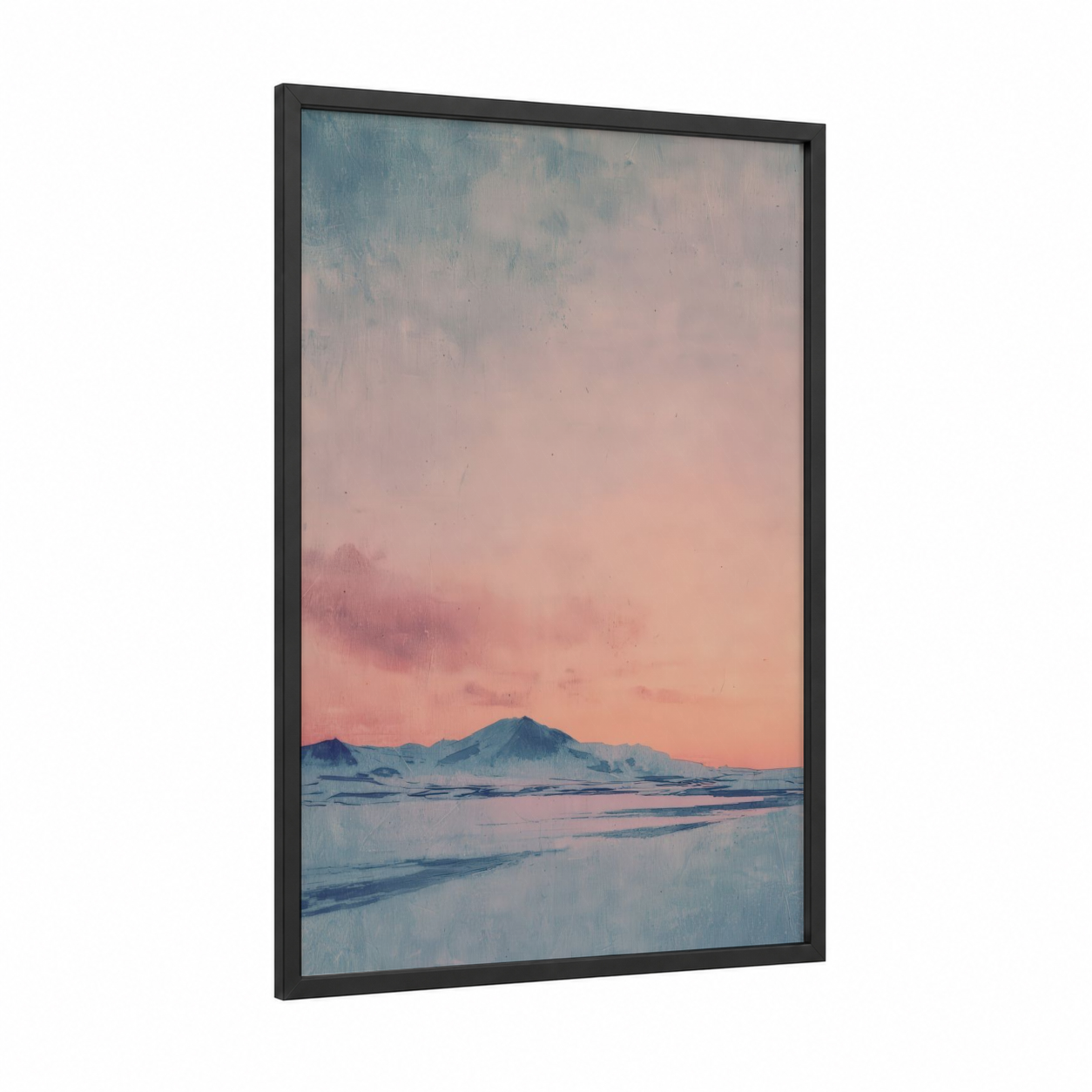 Snowy Volcano Dawn framed glacier print — black wood frame — blue and white and peach palette