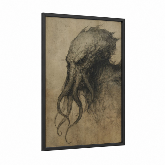 Cthulhu Rising framed art print — black wood frame — black and white and gray palette