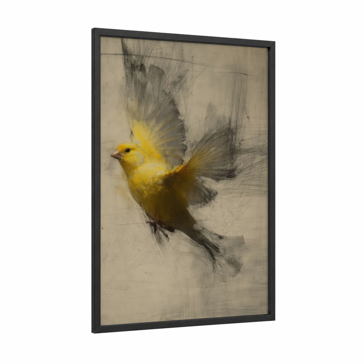 Golden Canary Flight framed canaries print — black wood frame — yellow gold and beige palette