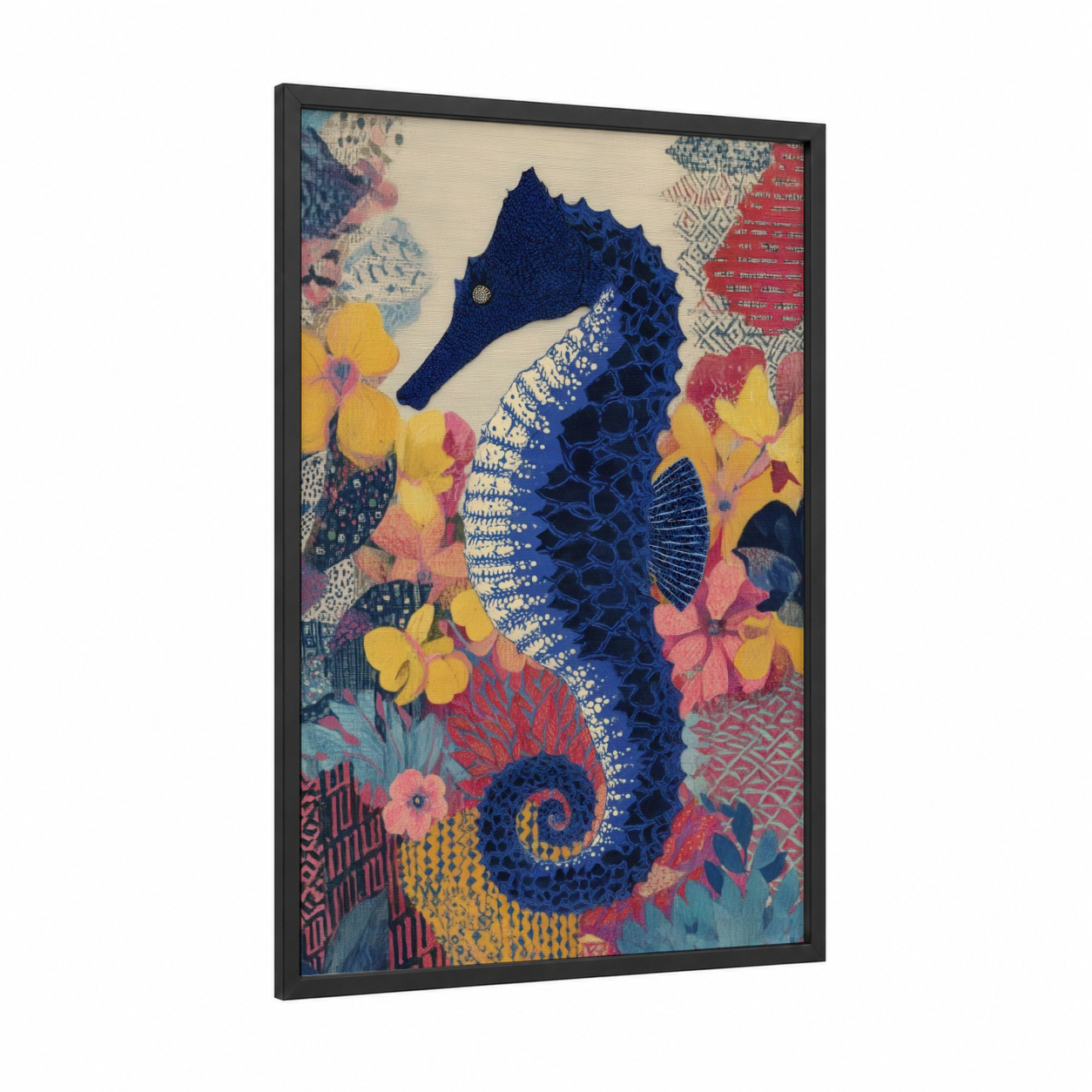 Indigo Seahorse framed sea horse print — black wood frame — blue and yellow palette