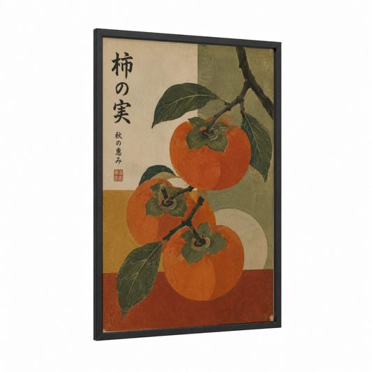 Japanese Persimmon Branch Wall Art framed fruit trees print — black wood frame — orange and olive palette