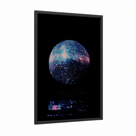 Neon Disco Ball framed art print — black wood frame — blue and magenta palette