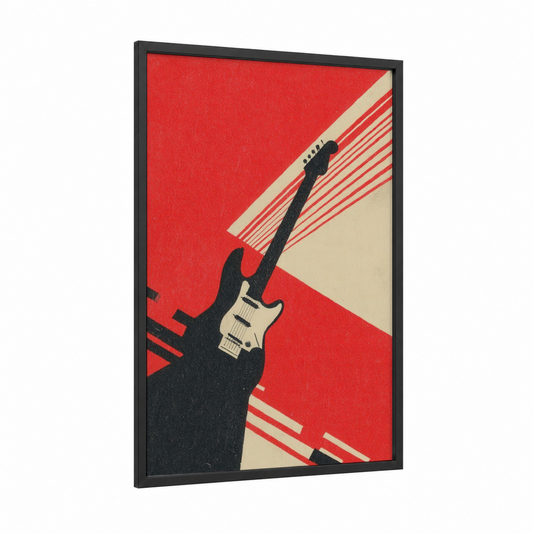 Electric Red Dynamism framed electric guitar print — black wood frame — red and black and white palette