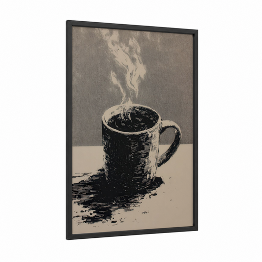 Steaming Coffee Mug framed art print — black wood frame — black and white and beige palette