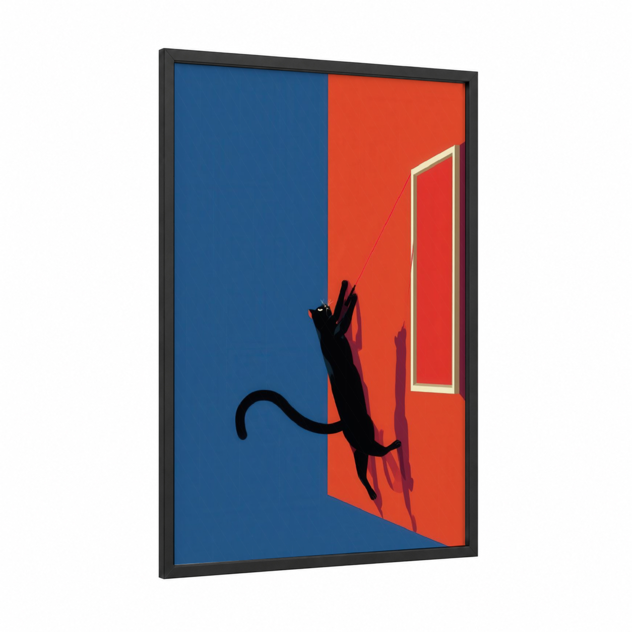 Playful Window Cat framed art print — black wood frame — royal blue and orange palette