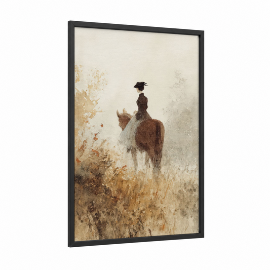 Vintage Horsewoman framed horseback print — black wood frame — cream and gold palette