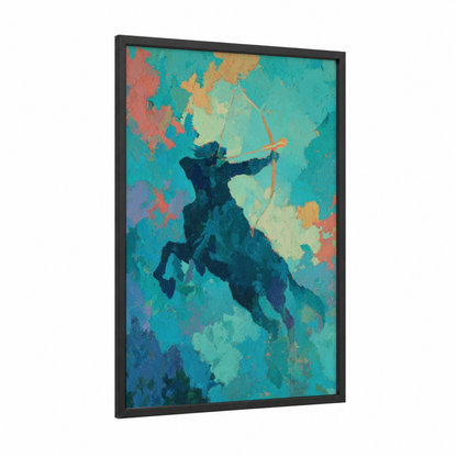 Celestial Archer framed sagittarius print — black wood frame — teal palette