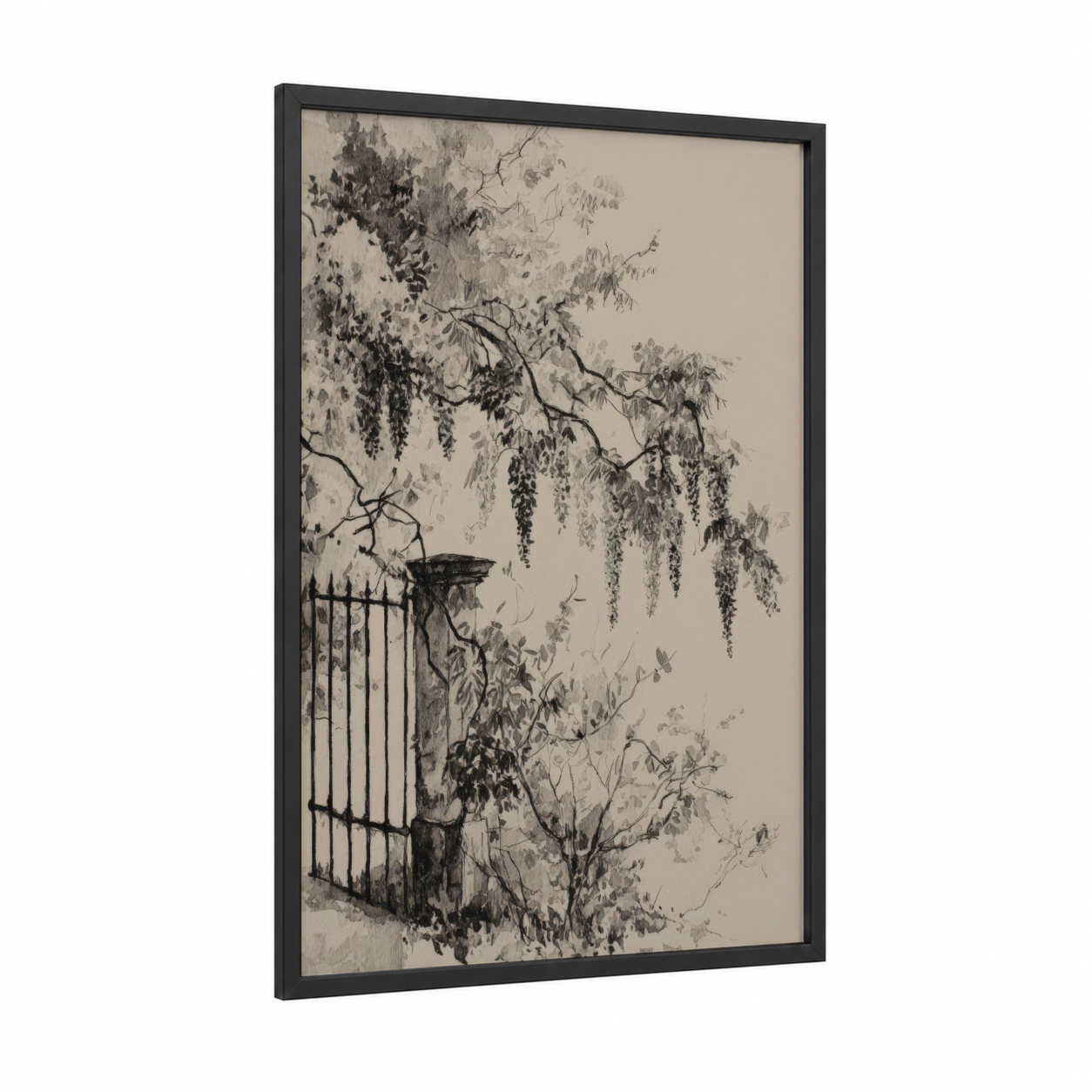 Wisteria Gate framed art print — black wood frame — gray and black and white palette
