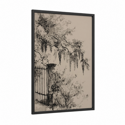 Wisteria Gate framed art print — black wood frame — gray and black and white palette