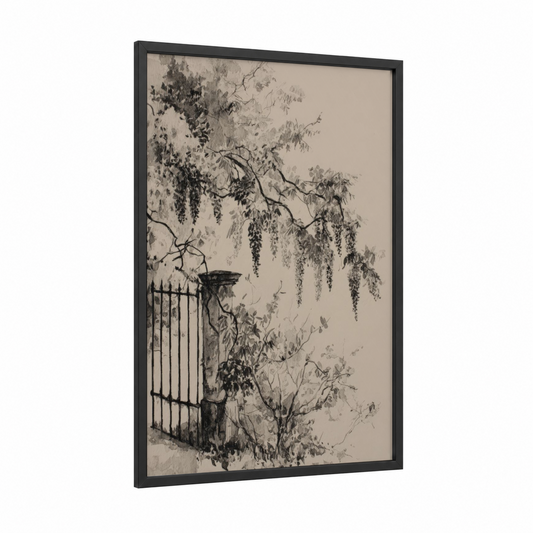 Wisteria Gate framed art print — black wood frame — gray and black and white palette