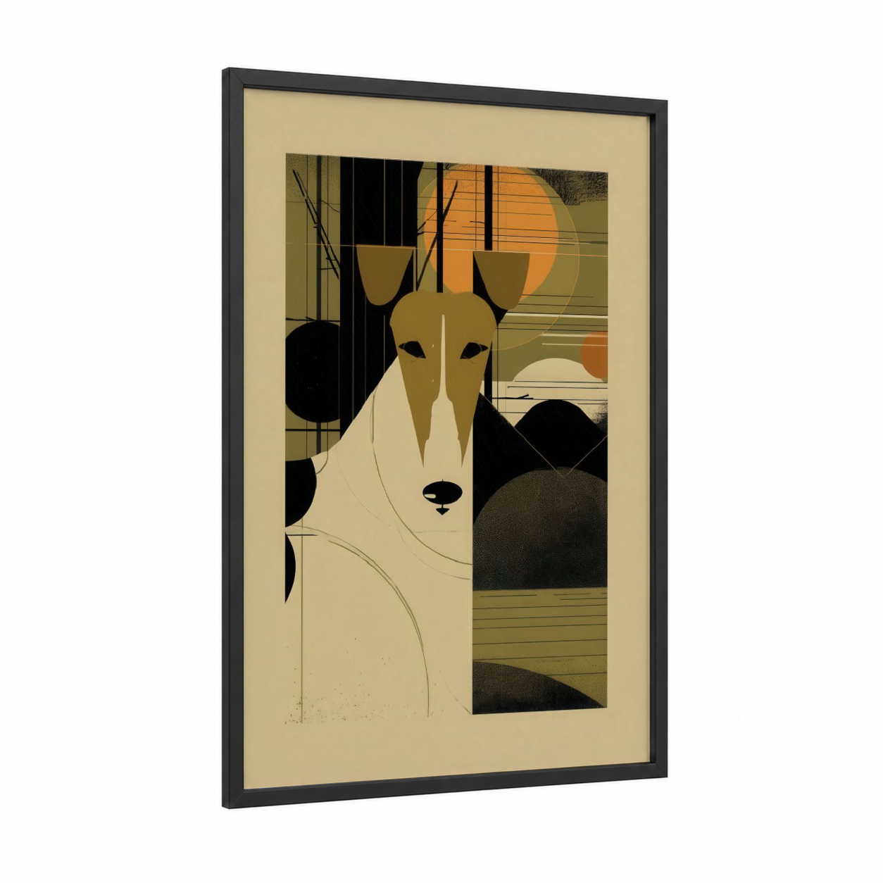 Geometric Terrier framed art print — black wood frame — olive and cream palette