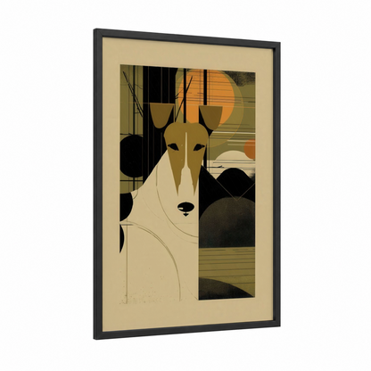 Geometric Terrier framed art print — black wood frame — olive and cream palette