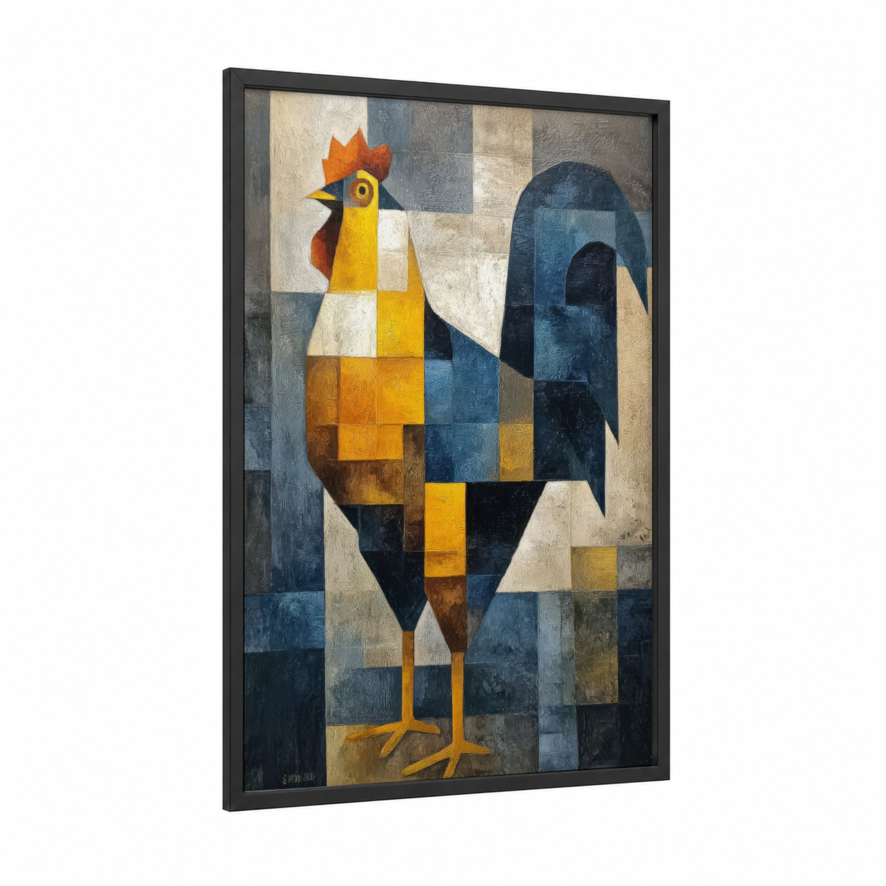 Geometric Rooster framed chicken and roosters print — black wood frame — dark blue and yellow gold palette