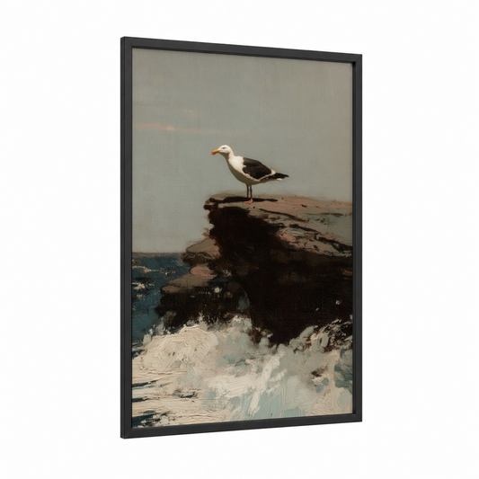 Coastal Sentinel Seagull framed art print — black wood frame — gray and blue and white palette