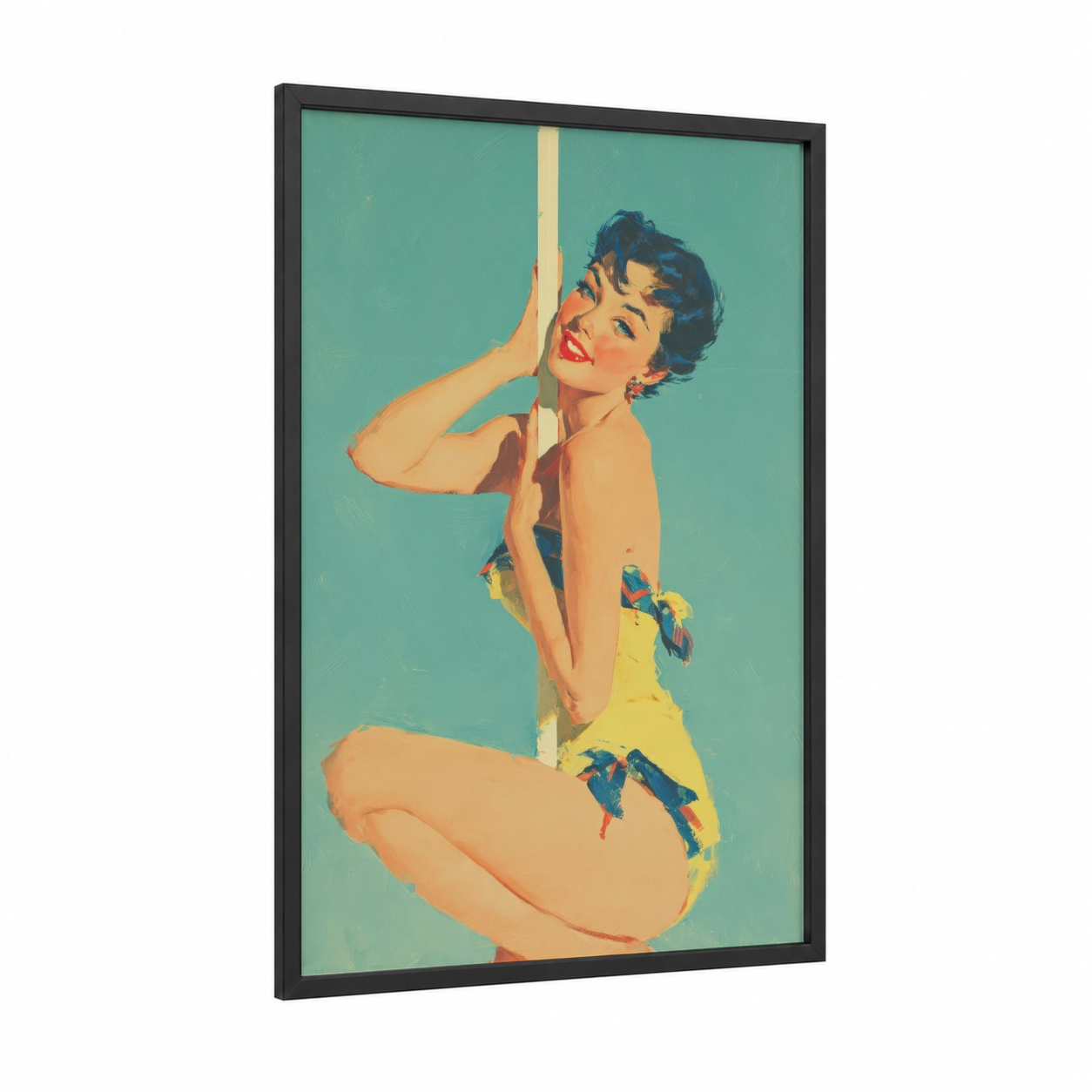Golden Pole Dancer framed pole dancing print — black wood frame — gold and teal palette