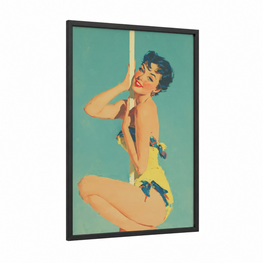 Golden Pole Dancer framed pole dancing print — black wood frame — gold and teal palette
