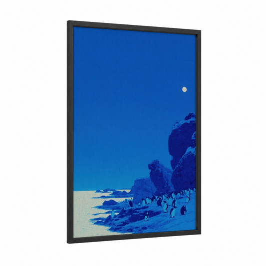 Moonlit Penguin Beach framed art print — black wood frame — blue and cream palette