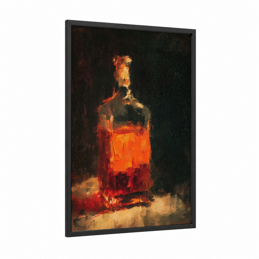 Glowing Whiskey framed art print — black wood frame — gold and red palette