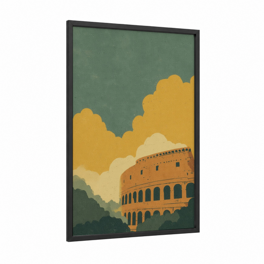 Golden Colosseum framed art print — black wood frame — yellow gold and sage green palette