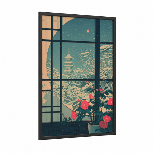 Snowy Window View framed art print — black wood frame — teal and cream palette