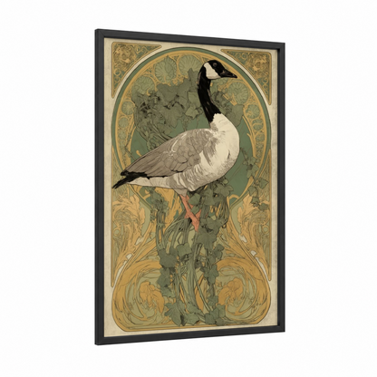 Garden Goose framed geese print — black wood frame — sage green and cream palette