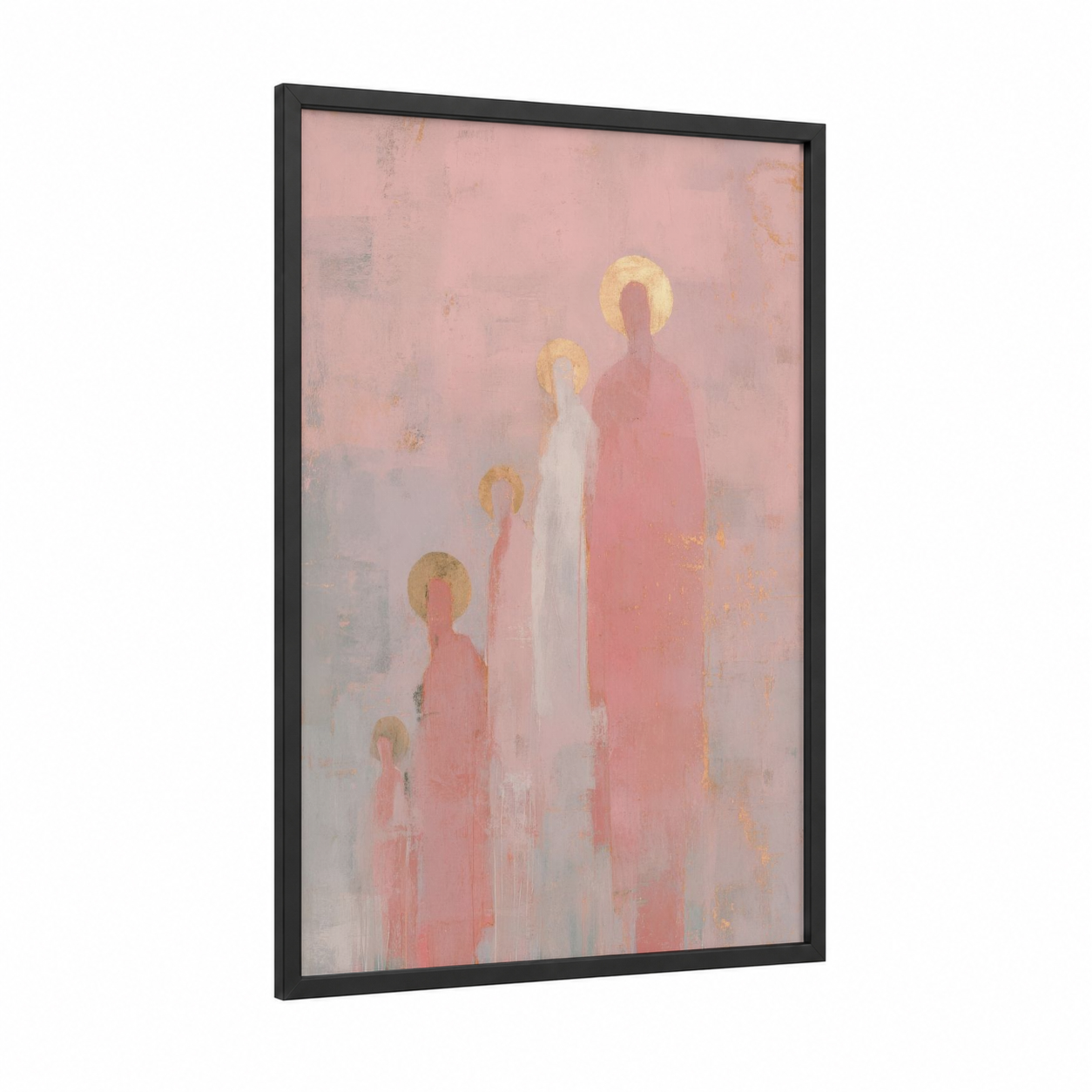 Ethereal Saints Procession framed all saints day print — black wood frame — pink and gold palette