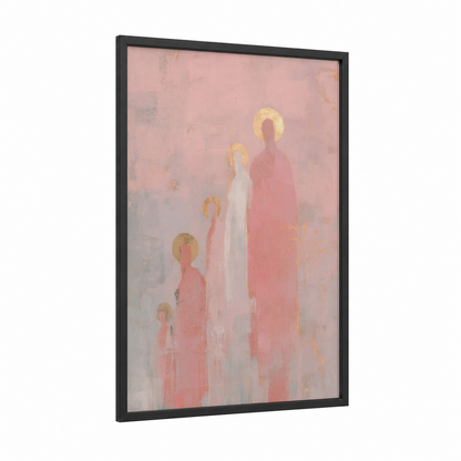 Ethereal Saints Procession framed all saints day print — black wood frame — pink and gold palette