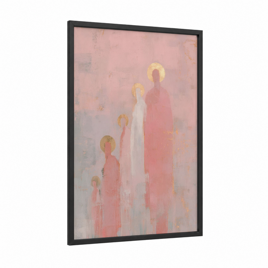 Ethereal Saints Procession framed all saints day print — black wood frame — pink and gold palette