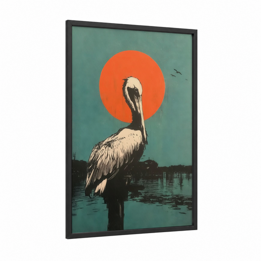 Sunset Pelican framed art print — black wood frame — teal and pumpkin palette