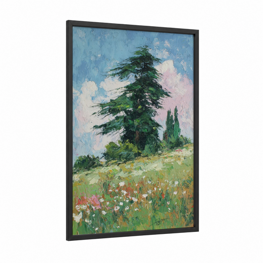 Windswept Cedar framed cedar tree print — black wood frame — blue and green palette
