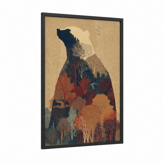Forest Bear Silhouette framed polar bear print — black wood frame — russet and gold palette