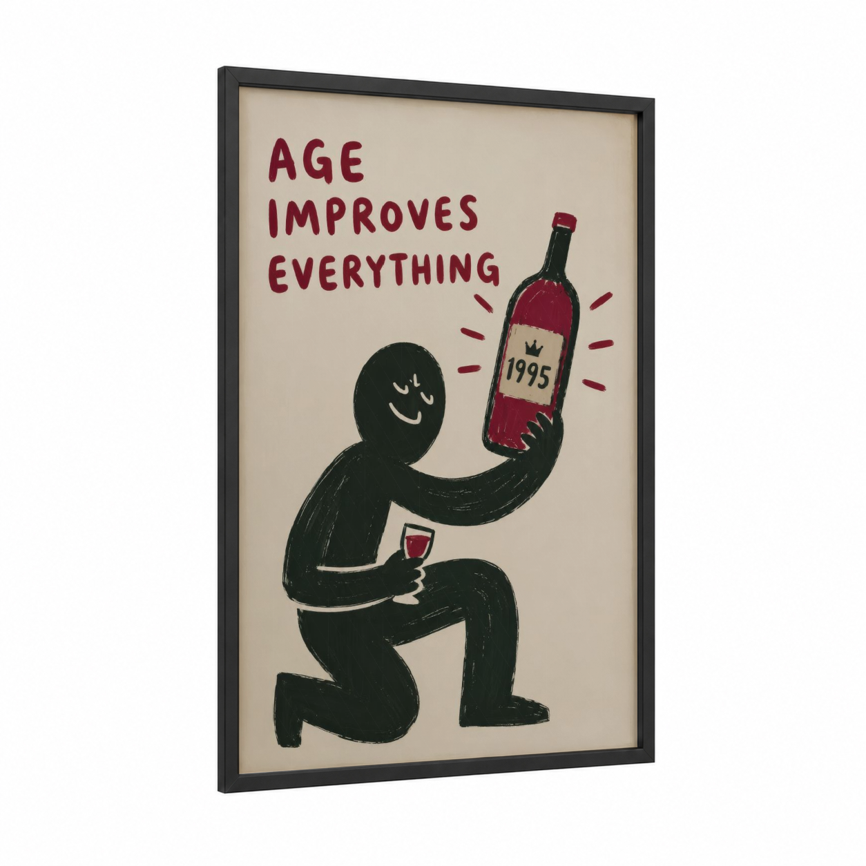 Vintage Wine Humor Wall Art framed red wine print — black wood frame — red and black and white palette