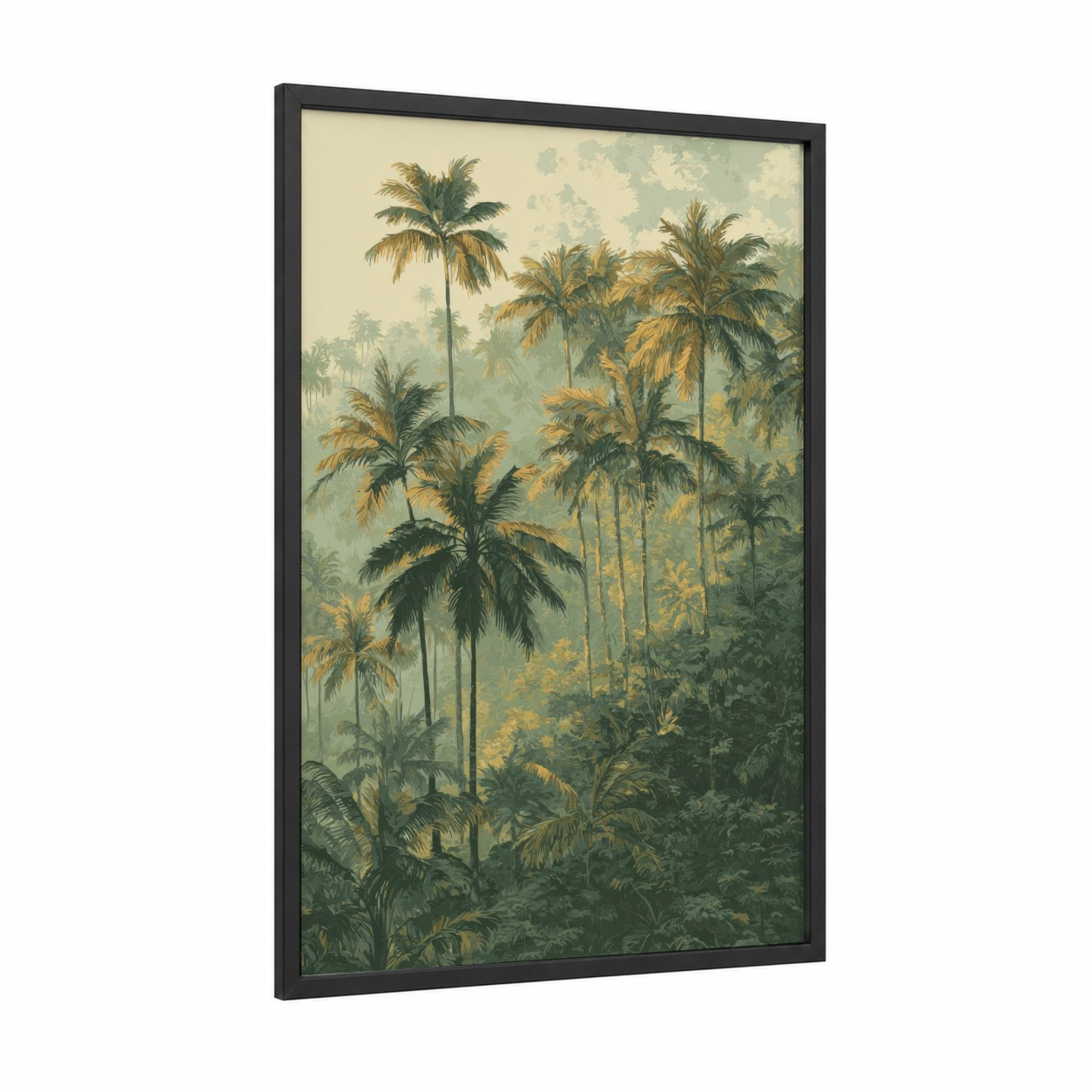 Misty Palm Forest framed art print — black wood frame — sage green and cream palette