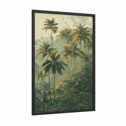 Misty Palm Forest framed art print — black wood frame — sage green and cream palette