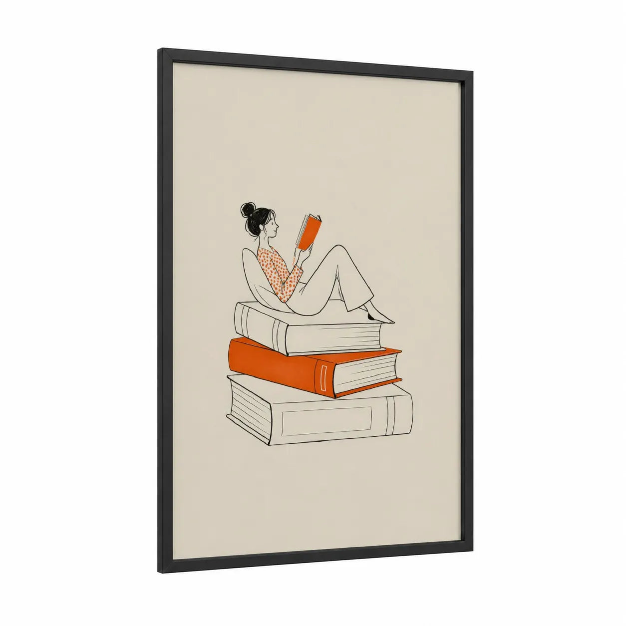 Woman Reading on Books Wall Art framed art print — black wood frame — beige and orange palette