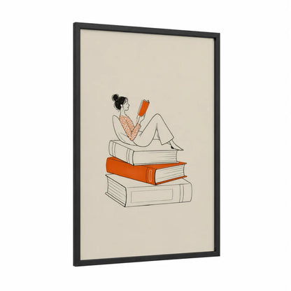 Woman Reading on Books Wall Art framed art print — black wood frame — beige and orange palette