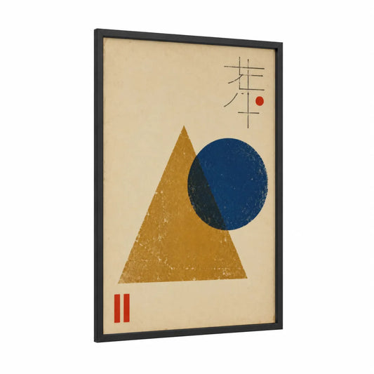 Japanese Geometric Minimalist Wall Art framed abstract geometric print — black wood frame — beige and gold palette
