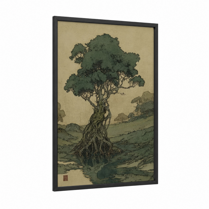 Ancient Banyan framed banyan tree print — black wood frame — dark green and beige palette