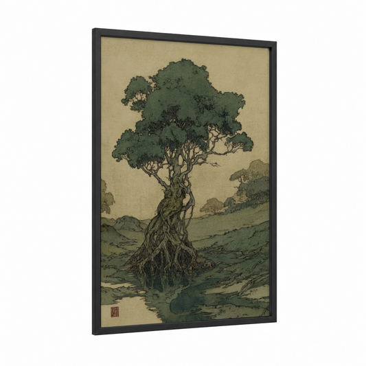 Ancient Banyan framed banyan tree print — black wood frame — dark green and beige palette