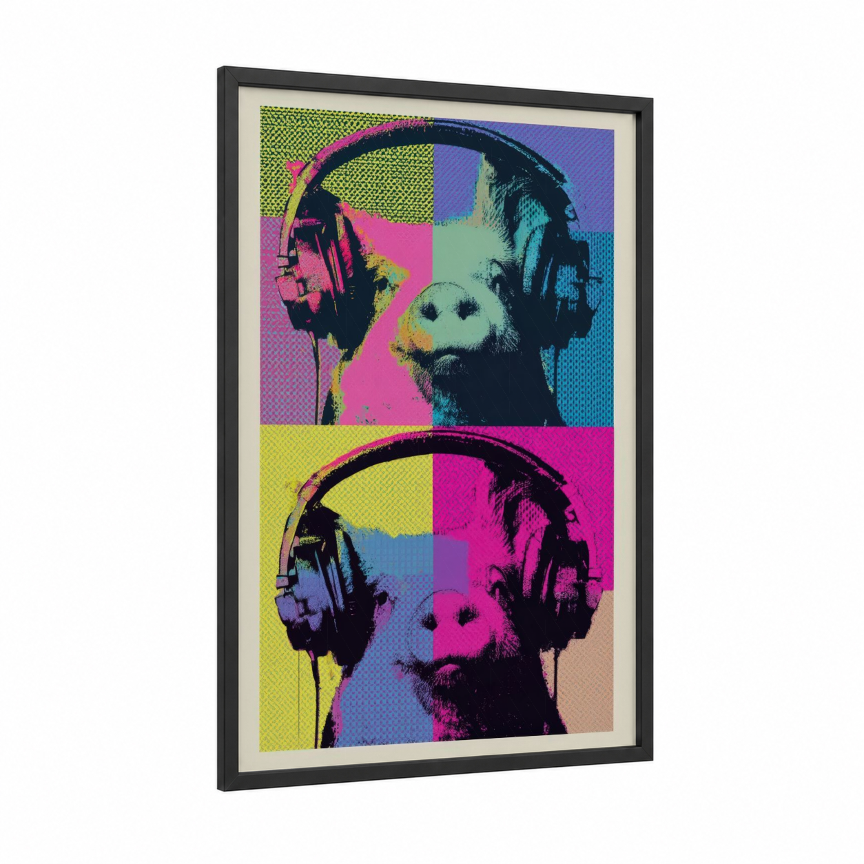 Musical Pig Pop framed art print — black wood frame — magenta and blue palette