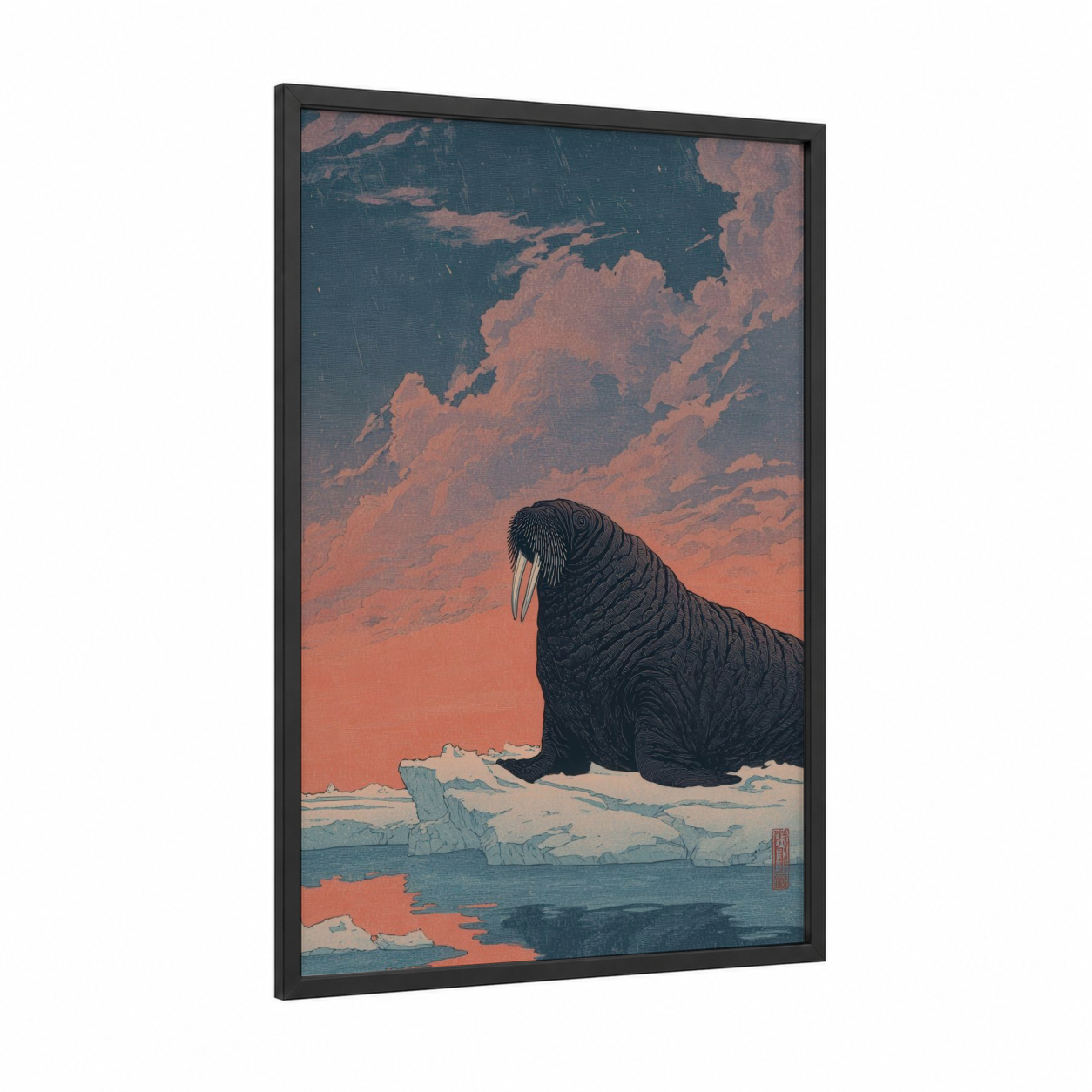 Arctic Walrus framed art print — black wood frame — blue and gold and russet palette